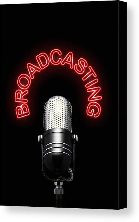 Empty Canvas Print featuring the photograph A chrome microphone underneath a red neon broadcasting sign by Creative Crop