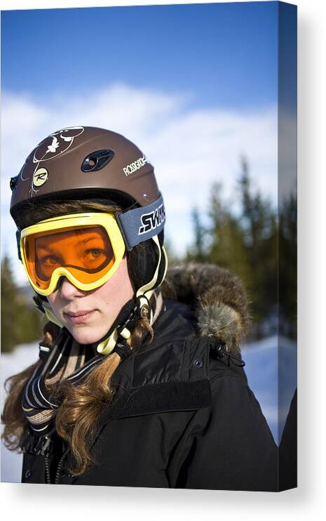 Crash Helmet Canvas Print featuring the photograph A girl wearing ski goggles Sweden. by Ulf Huett Nilsson