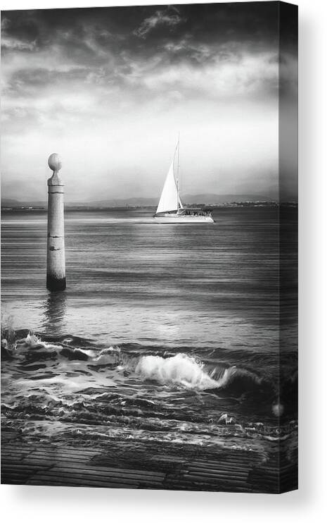 Lisbon Canvas Print featuring the photograph A Lisbon Sunset by The Tagus River Black and White by Carol Japp