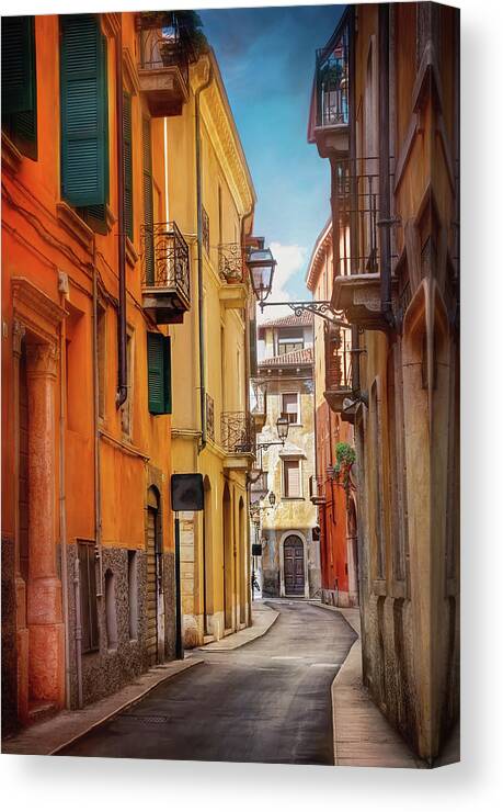 Verona Canvas Print featuring the photograph A Pretty Little Street in Verona Italy by Carol Japp