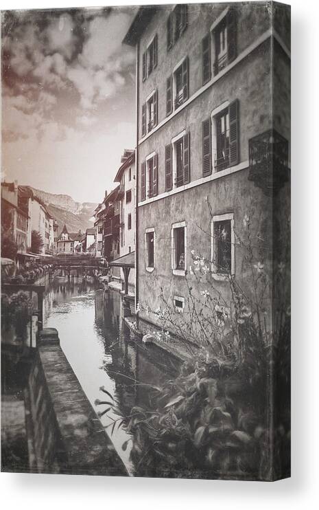 Annecy Canvas Print featuring the photograph Annecy France European Canal Scenes Vintage Style by Carol Japp
