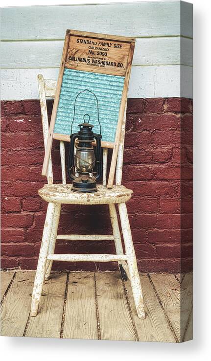 Old Canvas Print featuring the photograph Antique Washboard And Lantern On Weathered Wooden Chair by Gary Slawsky