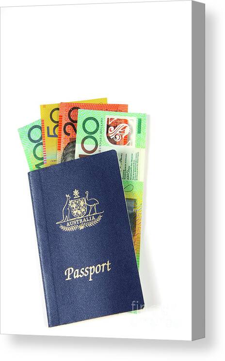 Money Canvas Print featuring the photograph Australian Money with passport by Milleflore Images
