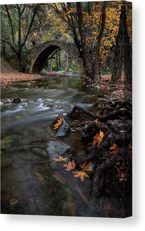 Autumn Canvas Print featuring the photograph Autumn landscape with river flowing under a stoned bridge by Michalakis Ppalis