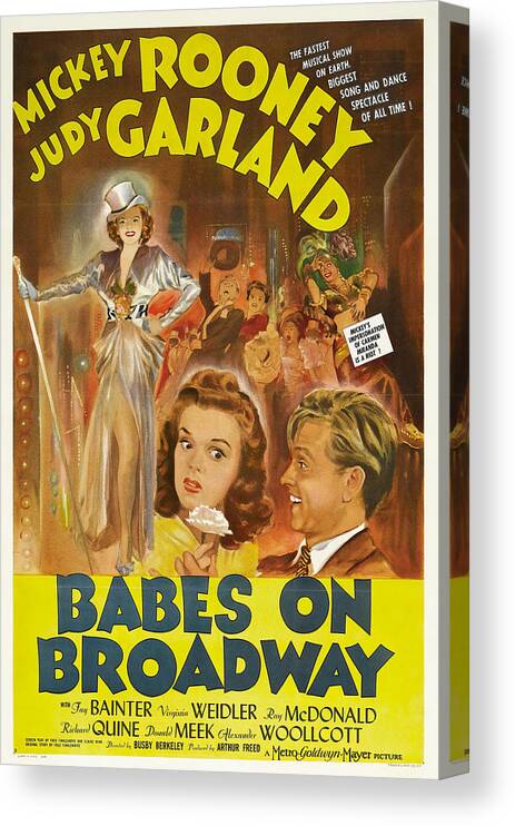 Babes Canvas Print featuring the mixed media ''Babes on Broadway'', with Mickey Rooney and Judy Garland, 1942 by Movie World Posters