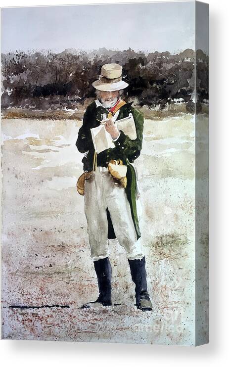 A Civil War Reenactor Portraying Winslow Homer Sketches In A Field. Canvas Print featuring the painting Battle Lines by Monte Toon