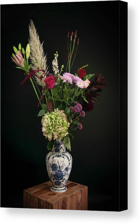 Bouquet Canvas Print featuring the photograph Beautiful picking bouquet in Dutch Delft blue by Marjolein Van Middelkoop