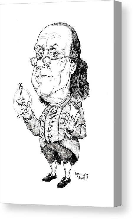 Cartoon Canvas Print featuring the drawing Ben Franklin by Mike Scott