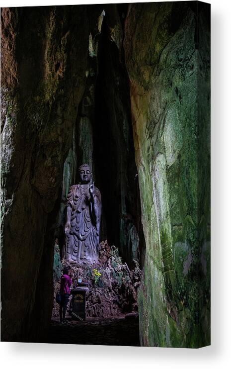 Ancient Canvas Print featuring the photograph Big Buddha Inside Marble Mountain by Arj Munoz