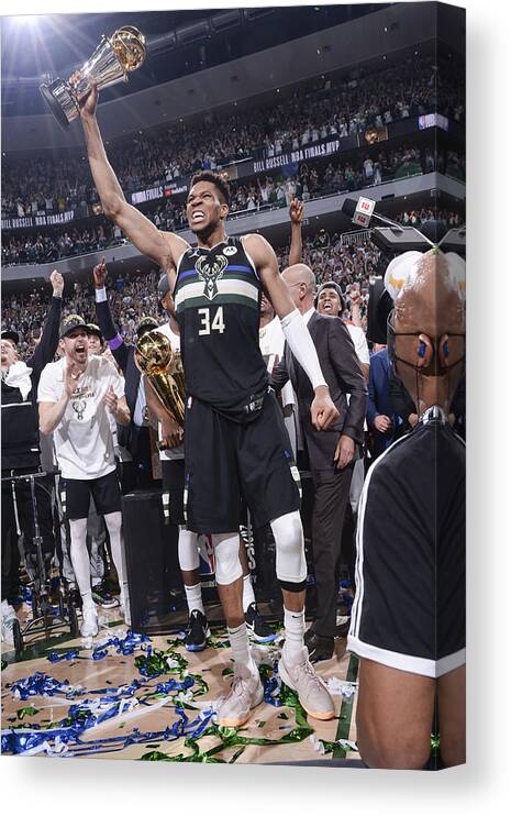 Giannis Antetokounmpo Canvas Print featuring the photograph Bill Russell and Giannis Antetokounmpo by Andrew D. Bernstein