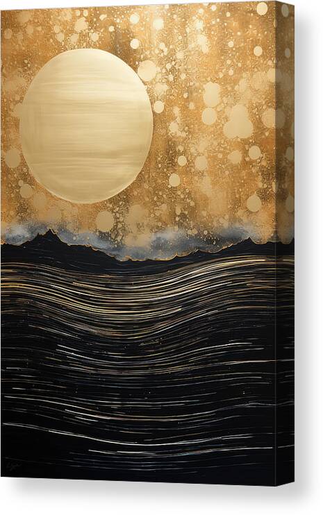 Black And Gold Seascape With Huge Golden Moon Canvas Print featuring the painting Black and Gold Seascape Artwork by Lourry Legarde