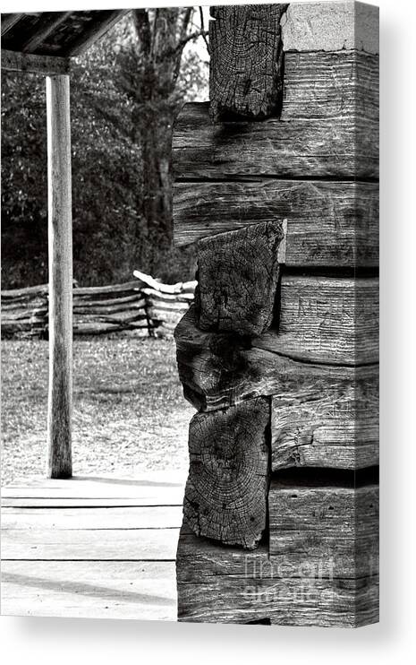 Monotone Canvas Print featuring the photograph Black And White Log Cabin 2 by Phil Perkins