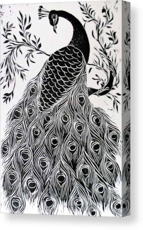 Exotic Bird Canvas Print featuring the relief Black and White Peacock by Barbara Anna Cichocka