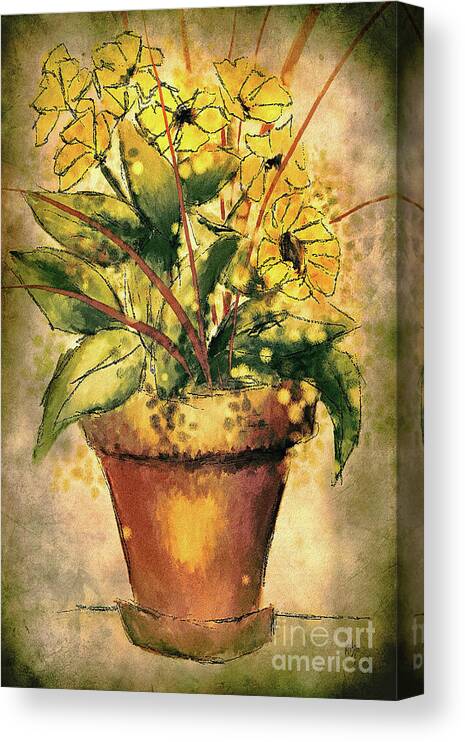 Flower Canvas Print featuring the digital art Black Eyed Susans In A Clay Pot by Lois Bryan