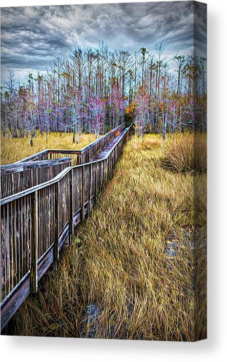 Clouds Canvas Print featuring the photograph Boardwalk over the Marsh Painting by Debra and Dave Vanderlaan