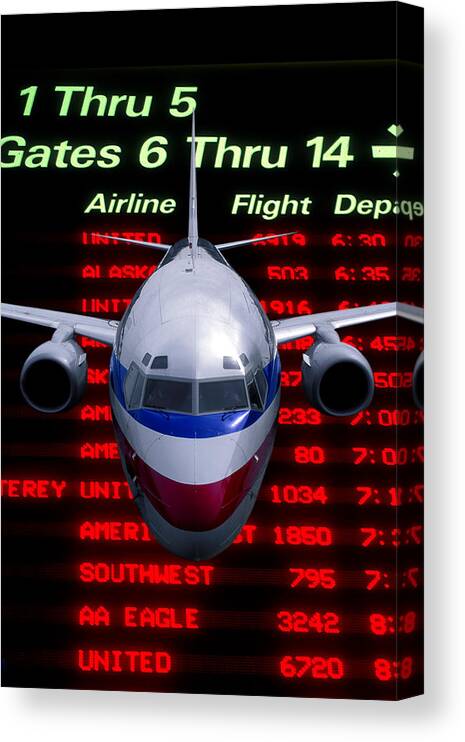 Boeing 737 Canvas Print featuring the digital art Boeing 737 and Airport Flight Information by Erik Simonsen