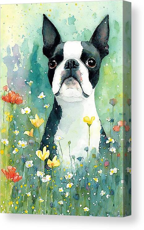 Boston Terrier Canvas Print featuring the digital art Boston Terrier in a flower field 4 by Debbie Brown