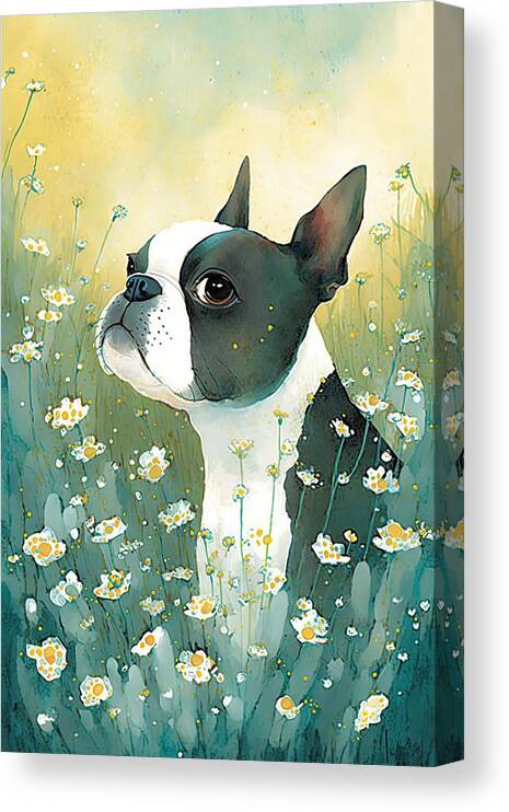 Boston Terrier Canvas Print featuring the digital art Boston Terrier in a flower field3 by Debbie Brown