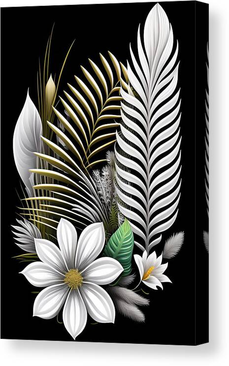 Palm Leaves Canvas Print featuring the digital art Botanical Palm Leaves on Black Background by Lori Hutchison