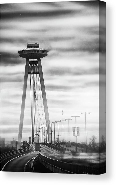 Bratislava Canvas Print featuring the photograph Bratislava Slovakia UFO Bridge Black and White by Carol Japp