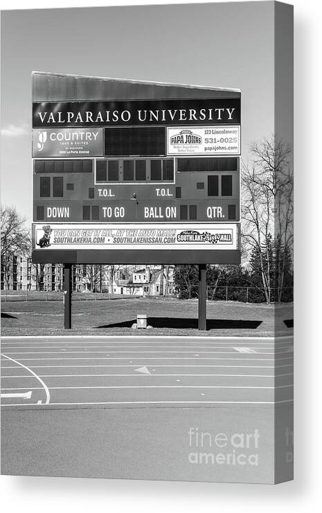  Canvas Print featuring the photograph Brown Field Scoreboard Valparaiso University Black and White Pho by Paul Velgos