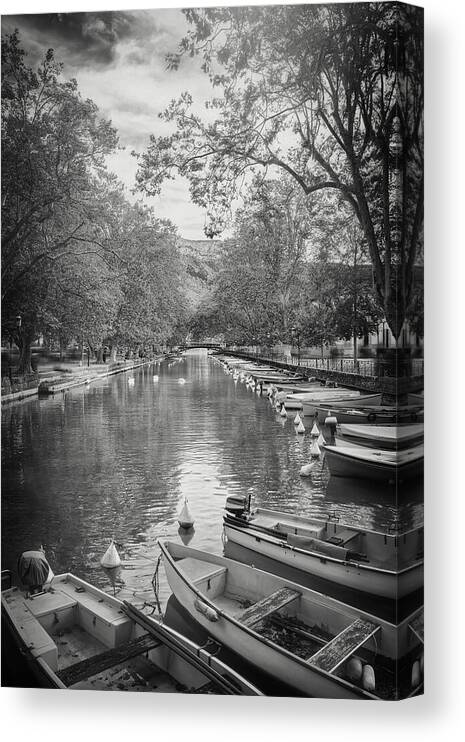 Annecy Canvas Print featuring the photograph Canal Du Vasse Annecy France Black and White by Carol Japp