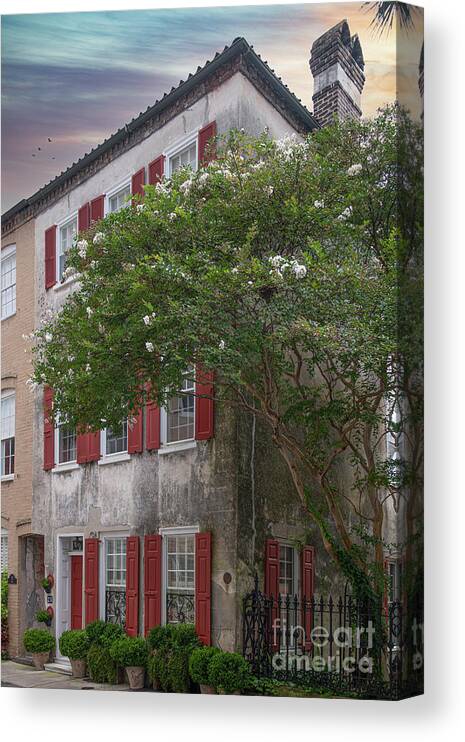 Red Shutters Canvas Print featuring the photograph Queen Street Civil War Era Home - Historic Downtown Charleston South Carolina by Dale Powell