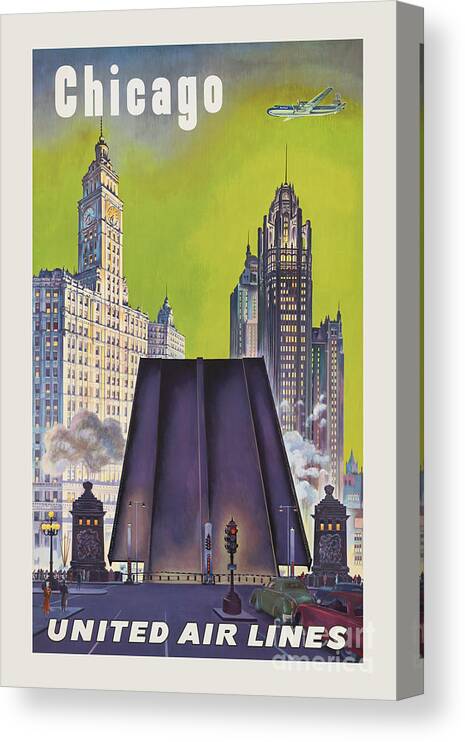 Chicago Canvas Print featuring the painting Chicago United Airlines Vintage Poster Poster by Vintage Treasure