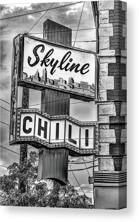 Cincinnati Skyline Canvas Print featuring the photograph Cincinnati Skyline Chili Sign - Black and White by Gregory Ballos