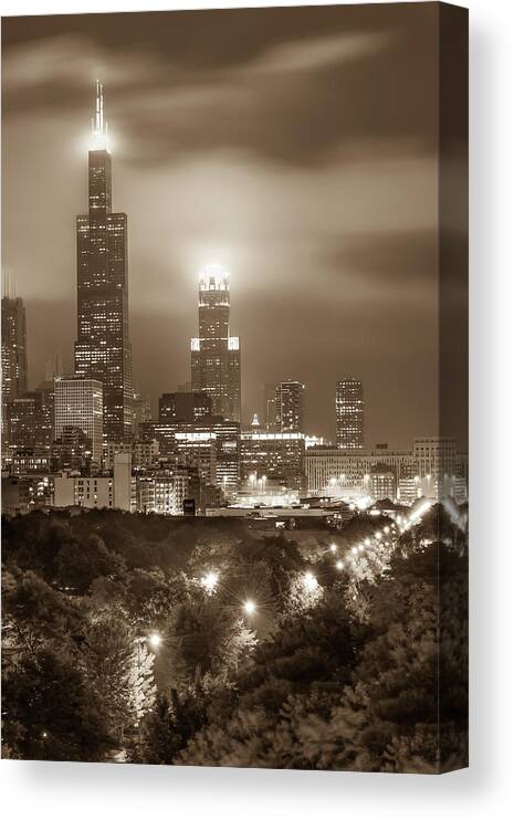 Chicago Canvas Print featuring the photograph City of Chicago Skyline Over the Trees in Sepia by Gregory Ballos
