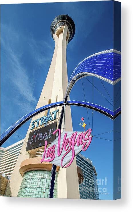 City Of Las Vegas Gateway Arch Canvas Print featuring the photograph City of Las Vegas Arch and the Strat From Below Portrait by Aloha Art