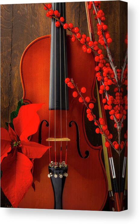 Violin Canvas Print featuring the photograph Classic Violin And Pointsettia by Garry Gay