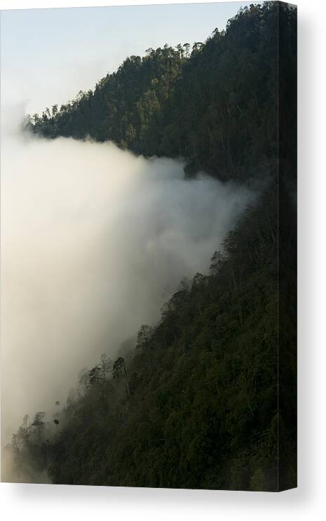 Scenics Canvas Print featuring the photograph Clouds in valley below green mountain by Merten Snijders