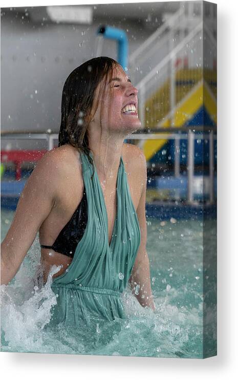 Fun Canvas Print featuring the photograph Cold smile as water poring over model by Dan Friend
