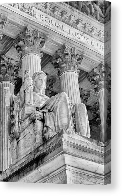 Architecture Canvas Print featuring the photograph Contemplation of Justice bw by Jerry Fornarotto