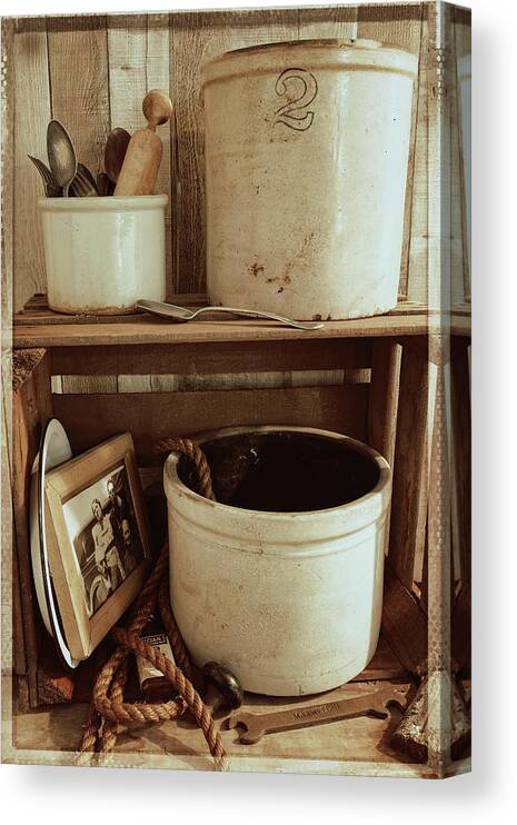 Antique Canvas Print featuring the photograph Crate With Three Crocks by Scott Kingery