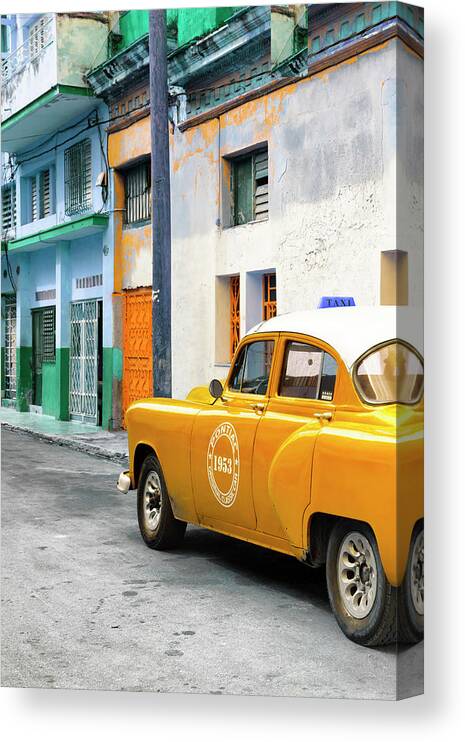 Photography Canvas Print featuring the photograph Cuba Fuerte Collection - Orange Taxi Car in Havana by Philippe HUGONNARD