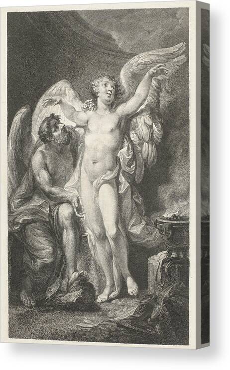 Christian Friedrich Stolzel Canvas Print featuring the drawing Daedalus teaches Icarus how to fly by Christian Friedrich Stolzel