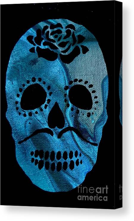 Blue Sugar Skull Canvas Print featuring the painting Deep Blue Rose Skull by Expressions By Stephanie