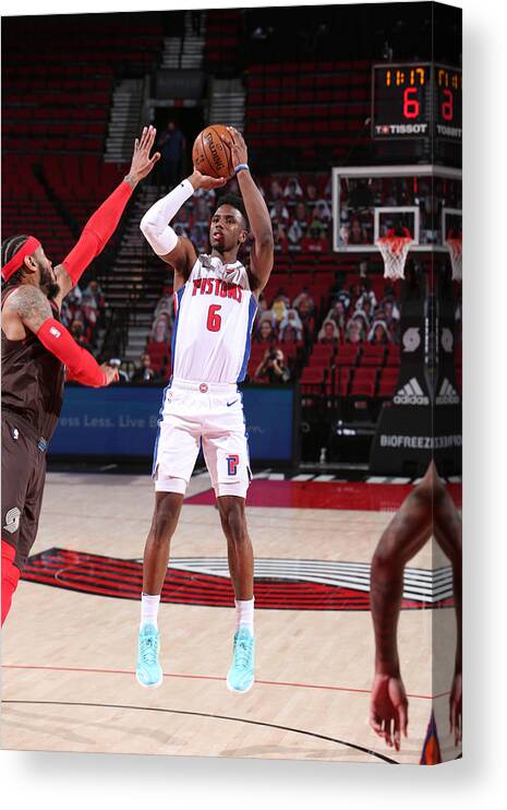Hamidou Diallo Canvas Print featuring the photograph Detroit Pistons v Portland Trail Blazers by Sam Forencich