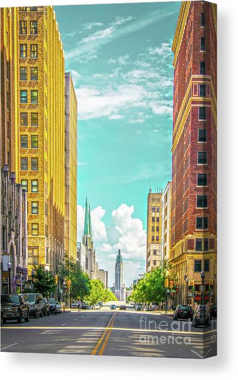 Main Street Canvas Print featuring the photograph Downtown Tulsa with turquoise sky - Modern and Art Deco building by Susan Vineyard
