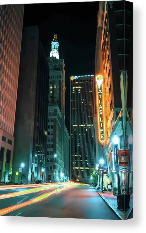 Tulsa Canvas Print featuring the photograph Driving Through Downtown Tulsa by Gregory Ballos