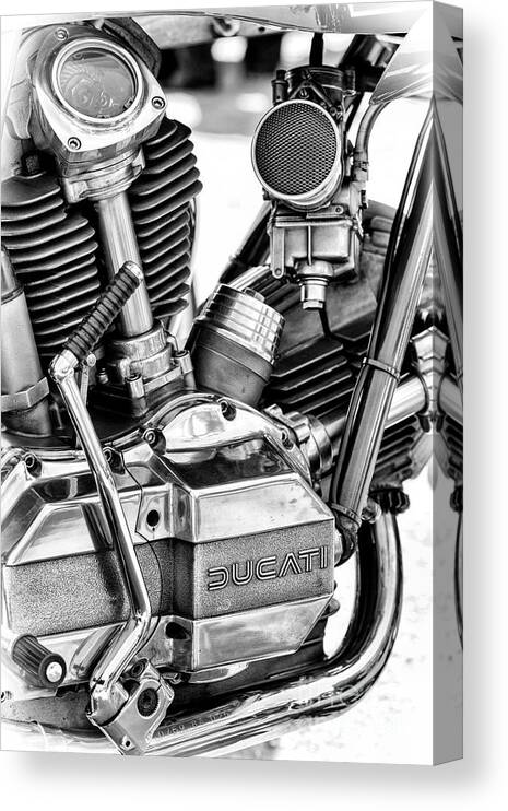 Ducati Canvas Print featuring the photograph Ducati Mike Hailwood Replica Engine Monochrome by Tim Gainey
