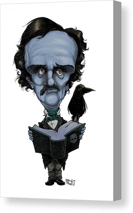 Caricature Canvas Print featuring the drawing Edgar Allan Poe, blue by Mike Scott