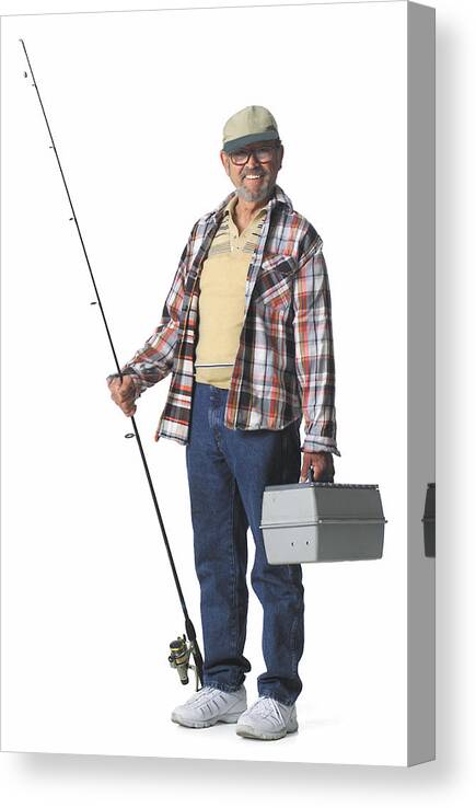 Pole Canvas Print featuring the photograph Elderly man smiles holding a fishing pole and a tackle box. by Photodisc