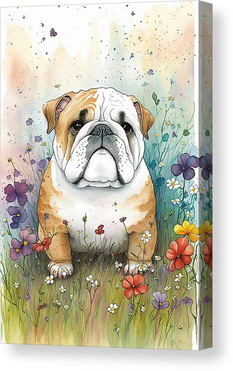 English Bulldog Canvas Print featuring the digital art English Bulldog in flower field by Debbie Brown