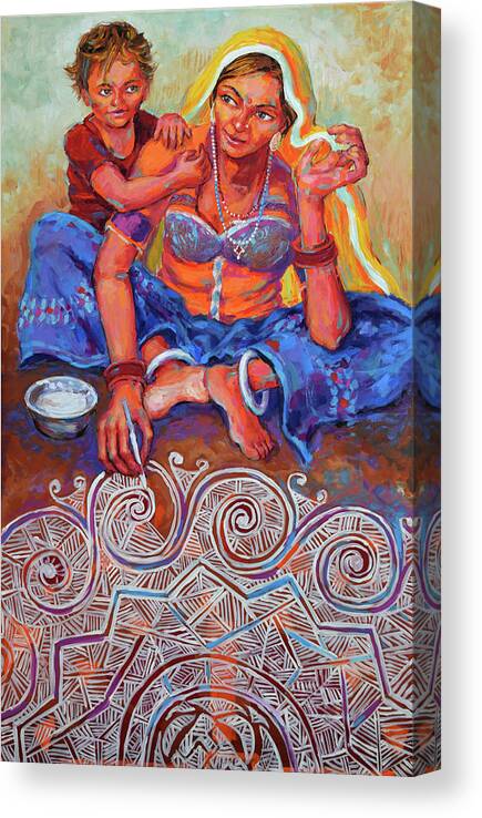 Mother And Child Canvas Print featuring the painting Festive Bliss, Rangoli by Jyotika Shroff