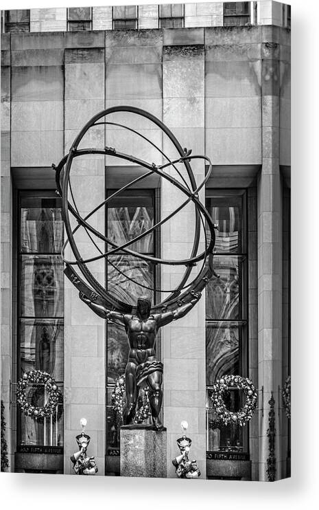 Atlas Canvas Print featuring the photograph Fifth Avenue NYC Atlas BW by Susan Candelario