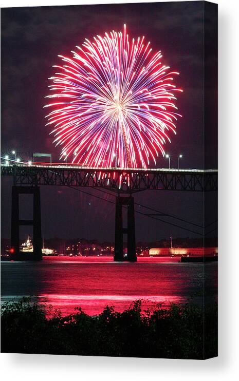 Fireworks Canvas Print featuring the photograph Fireworks over the Newport Bridge by Jim Feldman