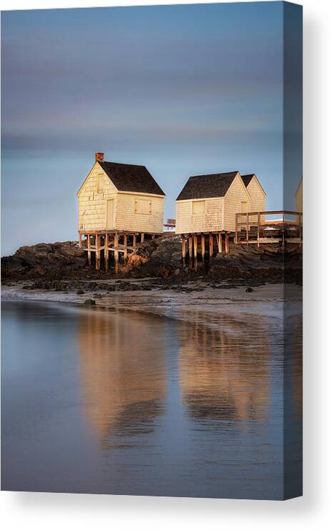 #fishing#shacks#ocean#willard#beach#twilight#maine#seascape#suns Canvas Print featuring the photograph Fishing Shacks Aglow by Darylann Leonard Photography